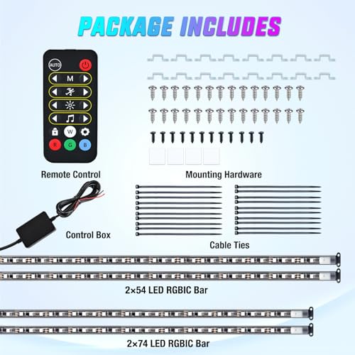 Nilight 4Pcs Car Underglow Neon Accent Strip Lights 256 LEDs RGBIC Multi Color DIY Sound Active Function Music Mode with APP Control and Remote Control Underbody Light Strips, 2 Years Warranty - color: Underglow Light RGBIC Multi Color 4Pcs