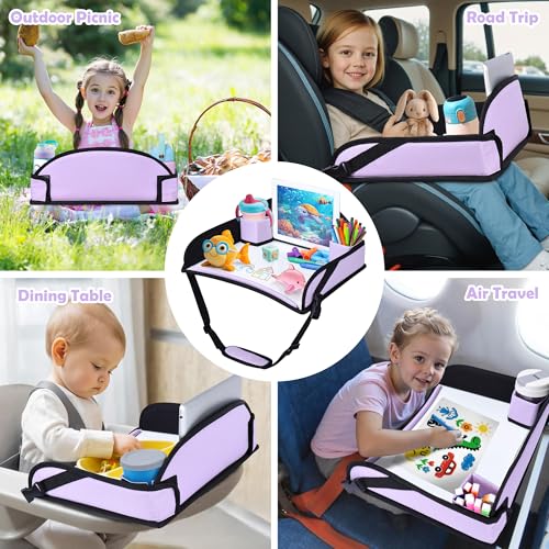 Kids Travel Tray for Toddler Carseat, Road Trip Activities Essentials for Toddler, Kids Lap Desk Tray with Tablet Holder Stand & Dry Erase Board (Purple) - color: Purple