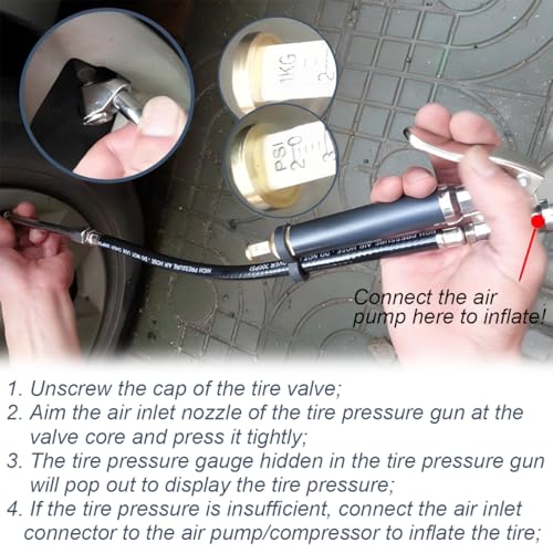 Heavy Duty Bayonet Style Tire Inflator with Air Chuck, 0-200PSI 17PCS Auto Tire Pressure Gauge with 4 Way Tool & Valve Core, Air Compressor Accessories, Universal for Sedan Truck SUV