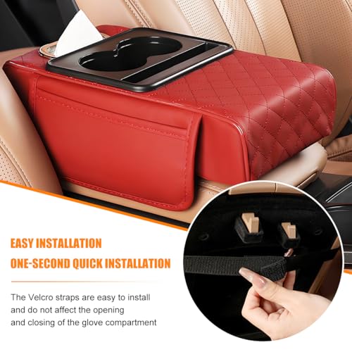 Car Armrest Cushion, 5-in-1 Nappa Leather Vehicle Centre Console Cover with 2 Storage Pockets, Cup Phone & Phone Holder, Multifunctional Auto Organiser Accessories, Universal Fit (Wine Red) - color: Wine Red