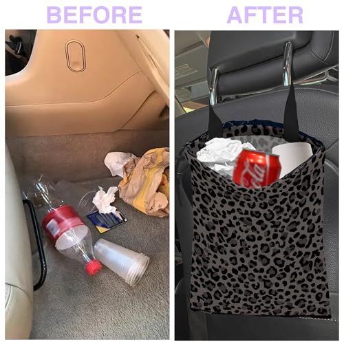 Car Trash Bag Hanging Black Gray Leopard Print Car Trash Can for Back Seat Waterproof Car Trash Bin with Adjustable Straps and Drawstring for Car Accessories Vehicle Travelling Camping - color: Black Gray Leopard Print