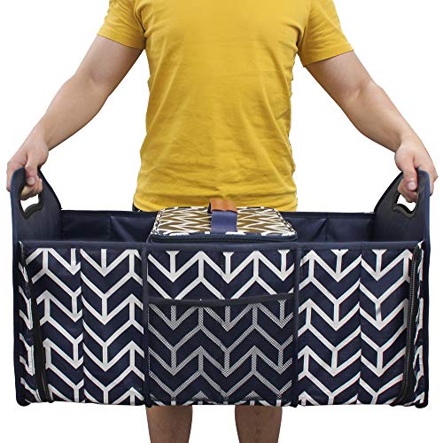 Orionstar Trunk Organizer, Foldable Car Storage Bag Portable Insulation Cooler Bag Collapsible Vehicle Organizer Divider Storage Totes with 3 Compartment Cargo Tote for Groceries Caddy SUV, Navy Blue