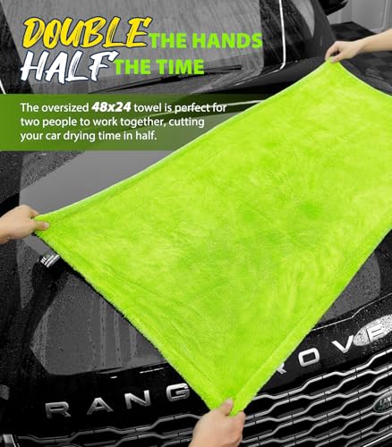 KKV Full-Sized SUV Drying Towel, 48”x24” Dual Sided Microfiber Car Cleaning Towel with Twisting Yarn Technique, 1400GSM Super Absorbent, Scratch-Free, Machine Washable (Darkgray-GreenYellow) - color: Darkgray-greenyellow