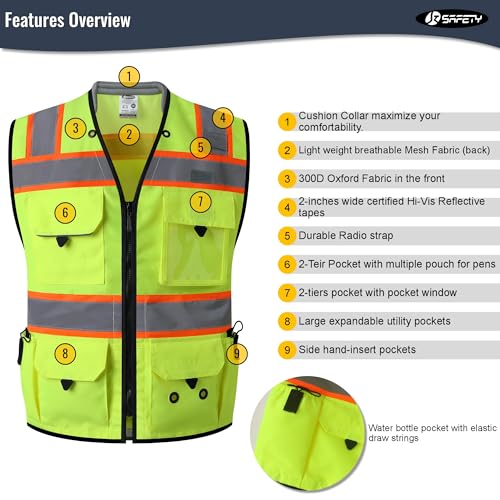 JKSafety Hi-Vis Unisex Surveyor Safety Vest Heavy Duty PPE Inner Pockets ANSI/ISEA Compliant - color: 188-yellow, size: Large