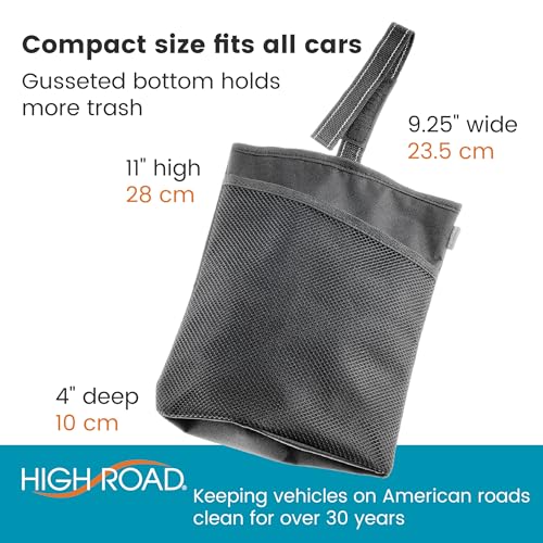 High Road TrimTrash Hanging Car Garbage Bag - Slim and Leakproof Car Trash Bag with Magnetic Closure and Storage Pocket - Attaches to Seat, Glovebox or Console - color: Black