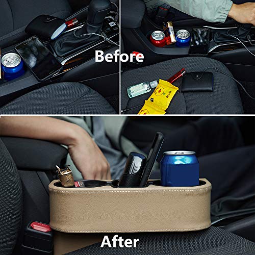 IOKONE Coin Side Pocket Console Side Pocket Leather Cover Car Cup Holder Auto Front Seat Organizer Cell Mobile Phone Holder (Beige) - color: Beige