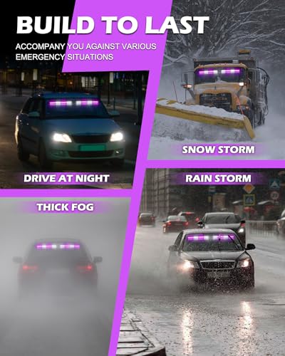HLauto 604N Emergency Dash Strobe Lights: 2x16.8 inch Purple White Security Light w/Take Down, 48 LED Safety Flashing Warning Hazard Interior Windshield Light Bar for Truck Vehicle - color: #08 Purple / White