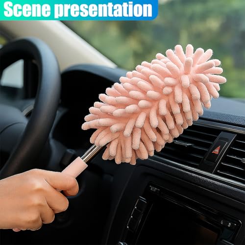 2PCS Car Interior Duster with Extension Pole – Washable Microfiber Dusters Detailing Brushes with Bendable Head, Long Handle Cleaning Duster Tool for Car Dash, Vents, Window, Furniture, Office (Pink) - color: Pink