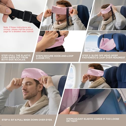 Travel Pillows for Airplanes, Airplane Head Strap with Silk Eye Mask for Sleeping, Long Flights & Car Road Trips 360°Headrest Neck Support, Stops Bobbing, Small & Compact (Pink) - color: Pink