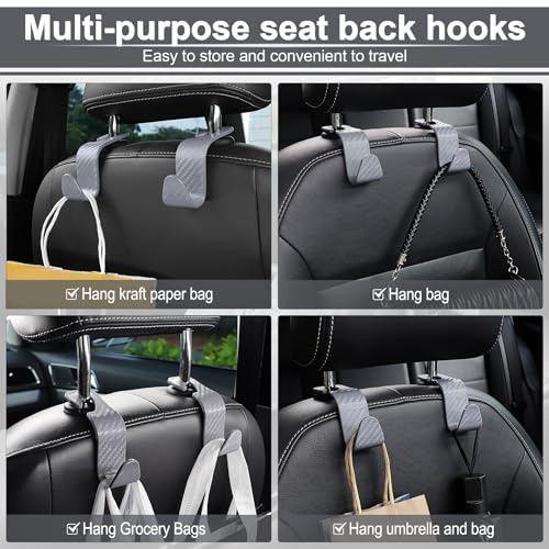 LivTee Car Purse Hook, 4 Pack Universal Auto Seat Headrest Hook Hangers Organizer for Coats, Umbrellas, Groceries - Carbon Fiber Gray - color: Gray-CF