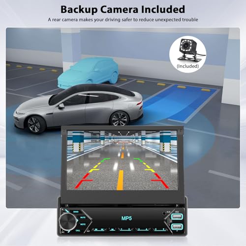Inefala Single Din Touchscreen Radio 7'' Flip Out Screen Car Stereo with Bluetooth USB Type C Fast Charge Car Audio Receiver Backup Camera SWC FM MIC TF AUX in EQ - style: 7'' No CarPlay Retractable