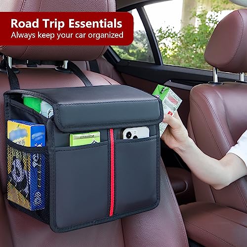 Hanging Car Seat Organizer with Lid - Premium PU Leather Backseat Organizer for Kids & Adults (Black) - style: With Lid