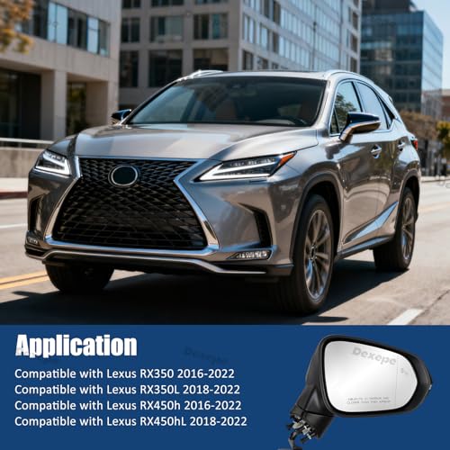 Passenger Side Mirror Assembly Compatible with Lexus RX 350 350L 450h 450hL 2016-2022 Anti-Glare with Heated, Blind Spot Monitor, Turn Signal, Power Folding Adjust Memory Black (15 Pin Right) - size: 15Pin Right