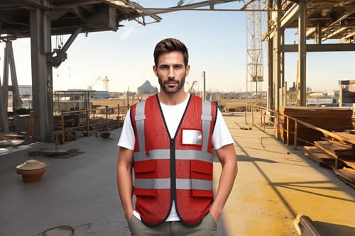 caparazon Unisex High-Visibility Reflective Safety Vest with Zippered Pockets - ANSI/ISEA Certified for Enhanced Work Safety - color: Red Mesh