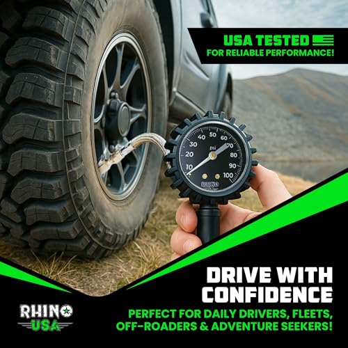 Rhino USA Tire Pressure Gauge with Inflator (0-100 PSI) - Heavy Duty Air Chuck and Compressor Accessories with Stainless Braided Hose, Large Analog Dial and Solid Brass Hardware for Truck and RV - style: 100psi Analog
