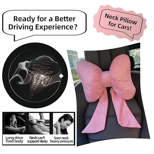 Car Seat Neck Pillow Elegant Bow Car Headrest Pillow Set - Cotton Linen Neck Cushion Universal Fit for Women Comes with 2 Seat Belt Covers (Pink Set 4Pcs) - color: Pink Set 4pcs