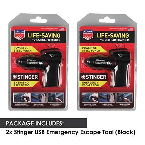 Ztylus Stinger Car Emergency Tool, Spring-Loaded Window Breaker, Car Safety Hammer, Seatbelt Cutter and Window Glass breaker, Car Escape Tool, USB Car Charger, 2 USB Ports Max 2.4A (2 pcs Black Combo) - color: Black 2pcs