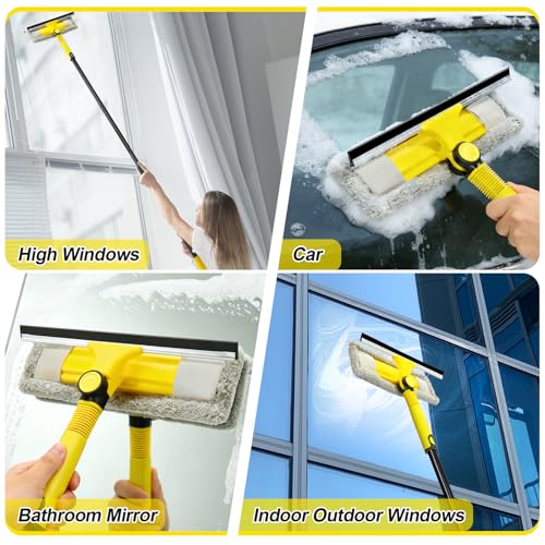 Window Squeegee with Extension Pole for Home, Professional Squeegee for Window Cleaning Tool Kit with Scrubber, 2 in 1 Rotatable Window Washing Kit for Car Glass Shower Indoor & Outdoor High Windows