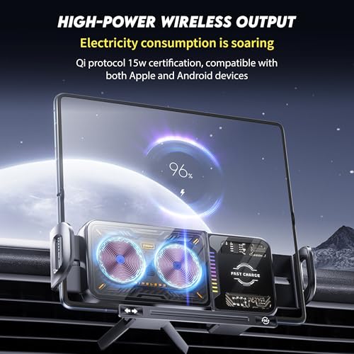 15W Fast Wireless Car Charger Mount, MagSafe Compatible Auto-Clamping & Auto 90° Rotating Phone Holder with Built-in Battery, One-Touch Control, RGB LED Light, Dashboard & Vent Mount
