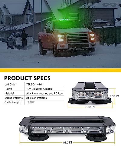 LUMENIX Rooftop Strobe Beacon Lights Bar Green LED Emergency Caution Traffic Lightbar with Heavy-Duty Magnetic Base Safety Warning Flashing Light for POV Law Enforcement Vehicles Tow Trucks Snowplow - color: Green