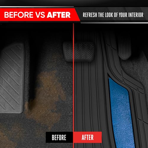 Motor Trend ChromeTech Car Floor Mats Full Set - Durable Rubber Floor Mats for Cars with Two Tone Accent, All Weather Interior Protection for Front and Rear with Non-Slip Backing, Black/Blue