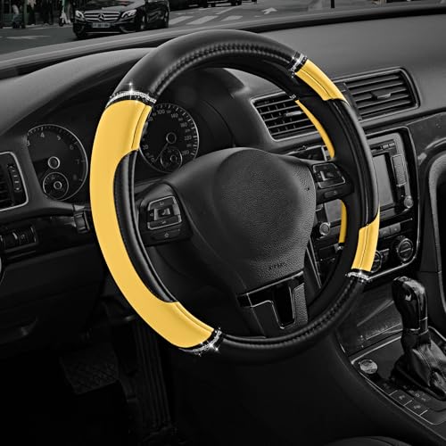 Road Comforts Leather Steering Wheel Cover - Made with PVC Leather - Anti-Slip, Universal Fit 14 1/2 inches to 15 inches - Yellow - color: Yellow