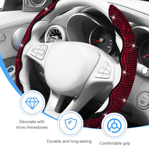 Bling Car Steering Wheel Cover, Rhinestones Non-Slip 15 Inches Vehicle Wheel Cover, Diamond Sparkling Steering Protector for Women Girls, Universal Automotive Accessories (Red) - color: Red