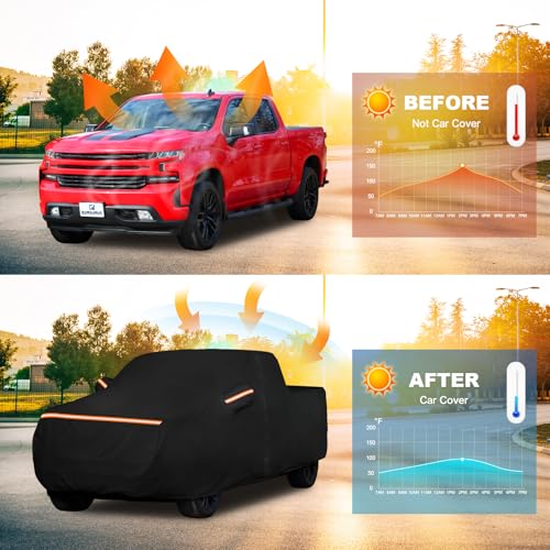 QUNSUNUS Car Cover for Chevy Silverado 1500 Crew Cab Short/Standard Bed 2000-2025, Waterproof Silverado 1500 Covers with Zipper, All Weather Truck Cover with Straps and Elastic Edges - size: for Silverado&GMC Sierra 1500 Crew Cab