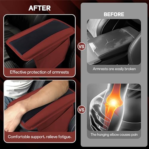 Car Center Console Cover, 12.48"×7.4" Carbon Fiber Leather Auto Armrest Cover, Vehicle Armrest Cushion Pad with Storage Pocket, Universal Arm Rest Protector Car Accessories (Red) - color: Red