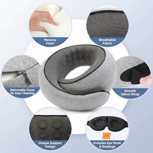Memory Foam Neck Travel Pillow – 360° Adjustable Support, Breathable Washable Cover, Eye Mask & Earplugs, Carry Bag – Compact Airplane Pillow for Plane/Car/Train/Office (Grey)