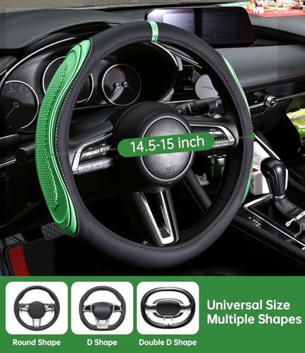 XCBYT Steering Wheel Cover - Green Leather Steering Wheel Wrap Great Grip with 3D Honeycomb Quick and Effortless Installation Non-Slip Silicone Inner Ring for Women Man Universal Fit 14.5-15 Inch - color: rgj-green