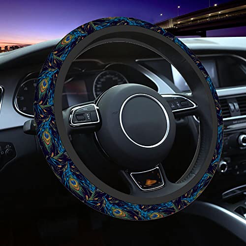Swono Peacock Feather Steering Wheel Cushion Case Beautiful Blue and Green Peacock Feathers Neoprene Car Steering Wheel Covers 15 Inch Anti Slip Compatible Auto Car Wrap Cover for Men Women - color: multi-052