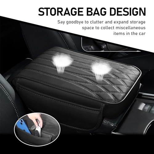 Armrest Cover, Memory Foam Relieve Stress Center Console Pad, Anti-Slip Breathable Leather Storage Box Cover with Storage Bag, Universal for Most Cars Interior Protection Accessories (Black)