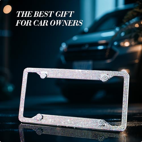 Timtin 2 Pcs Bling License Plate Frame Sparkly Rhinestone Diamond Accessories Stainless Steel Front License Plate Cover with Bling 4 Crystal Tire Valve Caps 1 Start Ring Sticker(Colorful) - color: Colorful