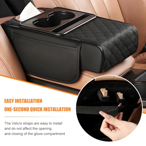 Car Armrest Cushion, 5-in-1 Nappa Leather Vehicle Centre Console Cover with 2 Storage Pockets, Cup Phone & Phone Holder, Multifunctional Auto Organiser Accessories, Universal Fit (Black) - color: Black