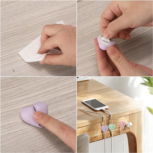 40 Pcs Cable Holder Cord Clips, Adhesive Wire Cord Holder Heart Cable Organizer Clips for Desk, Home, Office, Car, Nightstand (Pink Blue Green Purple)