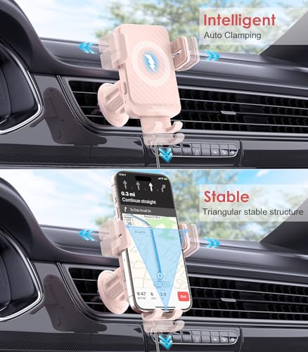 Wireless Car Charger, MOKPR 15W Fast Charging Auto-Clamping Car Charger Phone Mount Air Vent Cell Phone Holder Compatible iPhone 16/15/14/13/13 Pro/12 pro/12/11, for Samsung Galaxy S23/S22/S21, Pink - color: Pink