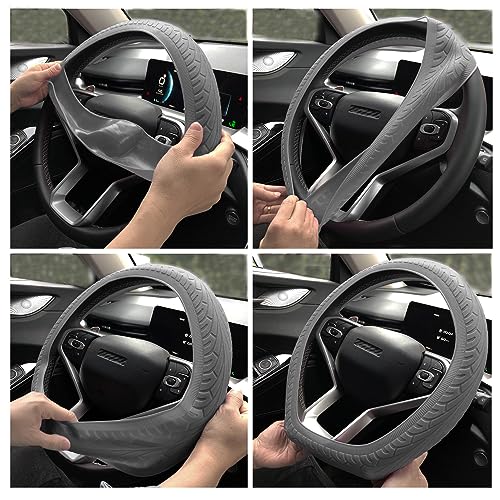 Universal Gray Steering Wheel Cover:13.5 to 15 Inches Flexible Silicone Anti Slip Steering Wheel Protector Fit for Most Car Models Including Round D Shape or Special Shape - color: Grey