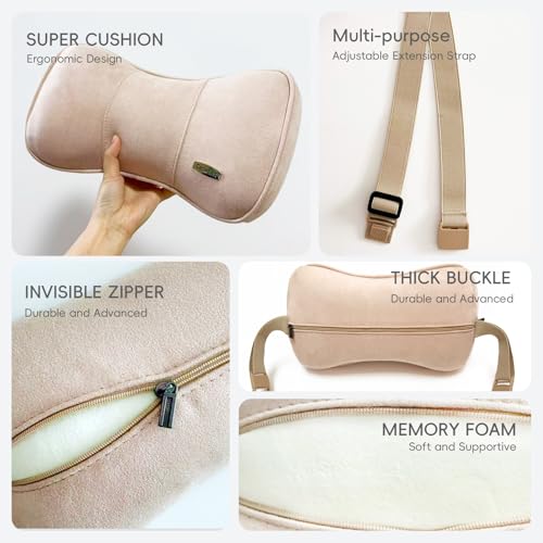 Carwales Car Neck Cushion Recliner Headrest Pillow for Office Chair Couch Memory Foam Lower Back Support Lumbar Pain Relief Ergonomic Design Extension Adjustable Strap Fits Driving Car Tan 1 Pack - color: Tan