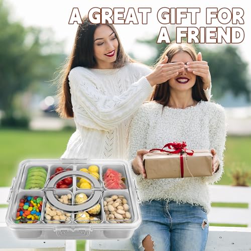 Divided Serving Tray with Lid and Handle,8 Compartments Snacks Box,Snack Fruit and Veggie Tray,Portable Platter for Candy Fruits Nuts Snack Party Entertaining Picnic (2 PCS Grey) - color: 2pcs-serving-tray-grey