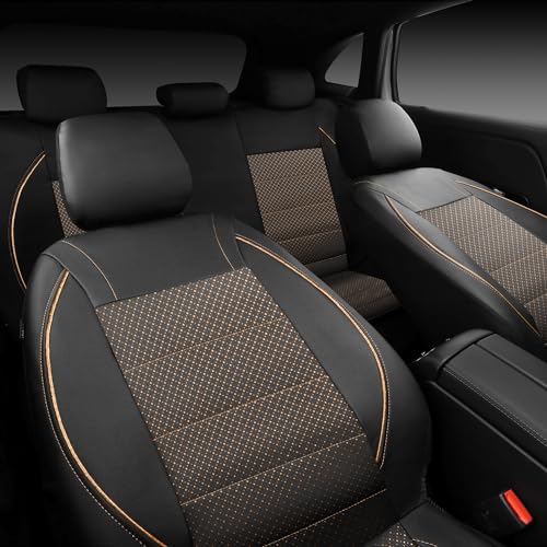 CAR PASS Piping PU Leather Car Seat Cover Full Set,Inside Zipper Design and Reserved Opening Holes,Airbag Compatible,Universal FIT for Car, SUVs,Van,Small Trucks(Full Set, Black & Gold) - color: Black and Gold