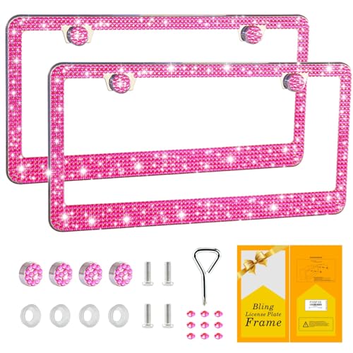 FIISFIIS Bling License Plate Frame for Women,2 Pack Premium Stainless Steel Rhinestone Car License Plate Holder,Handmade Glitter Crystal Diamond Lincense Plate Cover,Bedazzled Sparkly Caps-Pink - color: Pink