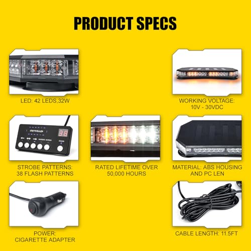 LUMENIX 42 LED Roof Top Strobe Beacon Light Bar Hazard Warning Emergency Flashing Plow Lights with Controller for Construction Vehicles Tow Trucks Postal Cars Snowplow Amber White (Patent Design) - color: White Amber