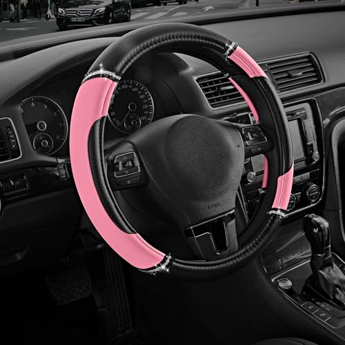 Road Comforts Leather Steering Wheel Cover - Made with PVC Leather - Anti-Slip, Universal Fit 14 1/2 inches to 15 inches - Pink - color: Pink