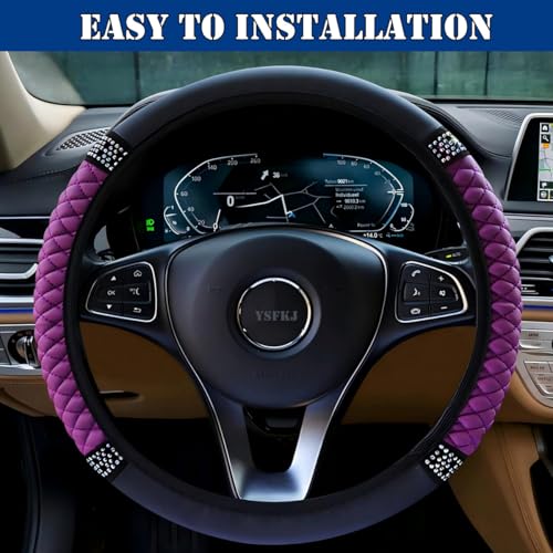 Soft Leather Car Steering Wheel Cover, Universal 15 Inch Colorful Rhinestones Anti-Slip Elastic Steering Wheel Covers for Most Cars, Sparkly Crystal Diamond for Women Girls (Purple) - color: Purple