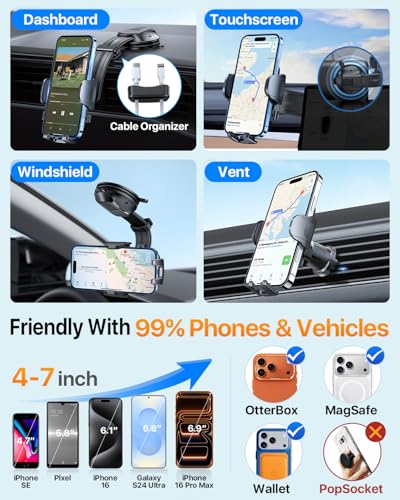 HTU Upgraded Strongest Suction Car Phone Holder Bendable Arm, Never Block View Rotatable Cellphone Mount for Dashboard Windshield Vent, Cradle Stand for iPhone 17 16 15 14 13 12 Pro Max (Dark Pink) - color: Dark Pink