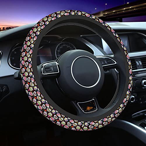 Swono Day of The Dead Sugar Skull Universal Neoprene Steering Wheel Cover Colorful Sugar Skull and Flower 15 Inch Steering Wheel Covers,Printed Steering Wheel Elastic Protection for Women and Girls - color: multi-058