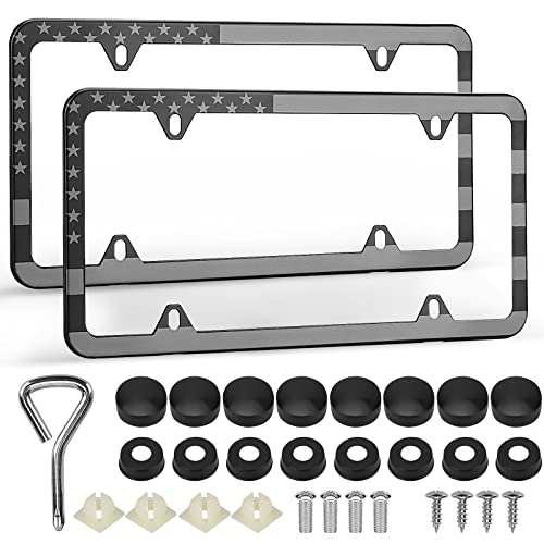 American Flag License Plate Frames, 2 Pack Black Patriotic USA Car Plate Frame, Aluminum License Plate Holder with Free Screws Fasteners Caps and Tool - color: Black Grey-USA Flag