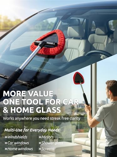 TAKAVU Windshield Window Cleaner Tool, Extendable Long-Reach Handle, Unique Pivoting Triangular Head, 3 Washable Reusable Microfiber Bonnets, Car & Home Inside Interior Exterior Use - Lint Free (Red) - color: Black & Red
