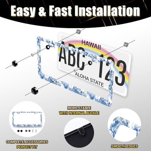 Blue White Porcelain Pattern License Plate Frame Chinoiserie License Plate Holders Colorful Stainless Steel Car Bracket 2 Hole with Screws Universal Auto Accessory License Plate Frames 6.2x12.2 Inch - color: Blue White Pattern